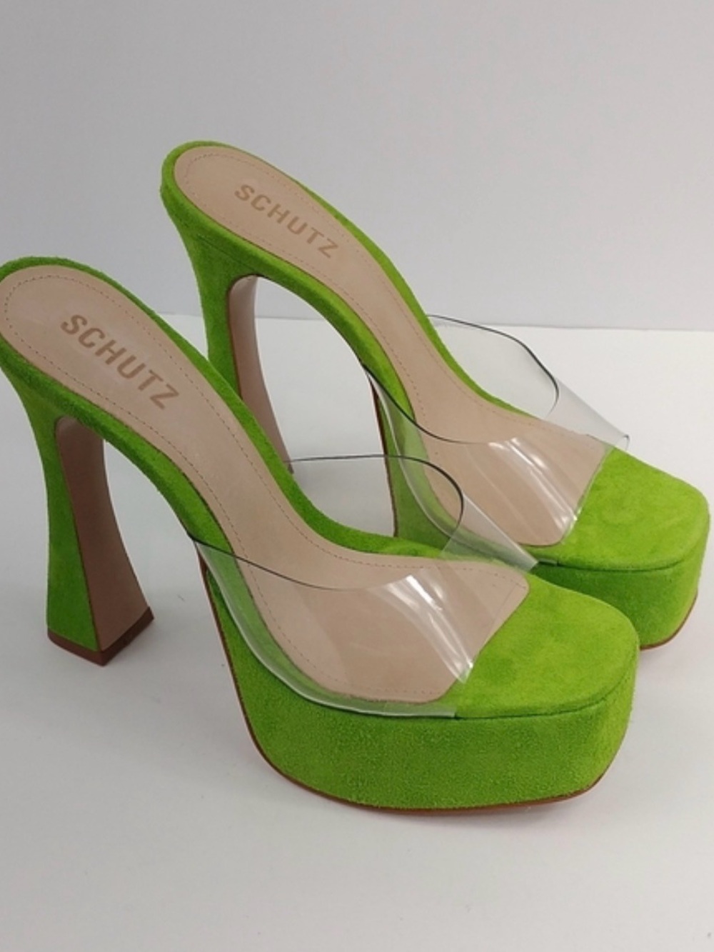 SCHUTZ Neon Green Suede Platform Heels with Clear Strap. NWOB